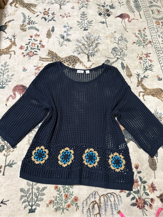 Cato Tops - Cato navy blue open-knit sweater featuring decorstive crochet floral patches L